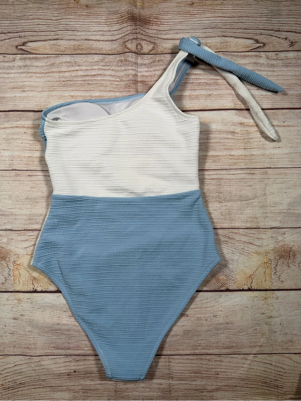 NWOT One-Shoulder Preppy‎ Color-block Blue and White Textured One-Piece Swimsuit